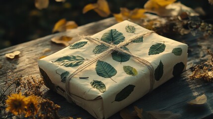 Rustic Gift Box Wrapped in Leaf-Patterned Paper with Twine on Wooden Table Surrounded by Autumn Leaves
