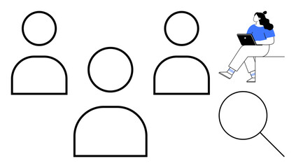 Woman with laptop sits observing network of simplified human figures and magnifying glass. Ideal for networking, team building, recruitment, research, analysis, communication, digital ecosystems