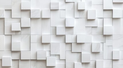 Abstract 3D geometric square tiles in a minimalistic white pattern, showcasing modern design with clean lines, symmetry, and a sophisticated, structured aesthetic.