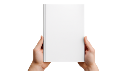 Hand holding blank book & hard cover mockup Isolated on transparent background, clippig path
