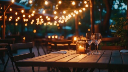 A cozy outdoor patio with string lights glowing in the evening, casting a warm, inviting ambiance on a dinner table."