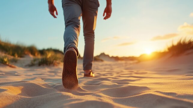 A solitary figure walks through the sandy desert at sunset, casting long shadows under the golden light. The scene captures serenity and the beauty of nature. - Powered by Adobe
