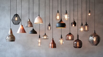 Fototapeta premium A variety of pendant lamps in contemporary styles, arranged creatively against a neutral gray wall for endless interior design ideas