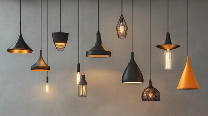 Fototapeta premium A variety of pendant lamps in contemporary styles, arranged creatively against a neutral gray wall for endless interior design ideas