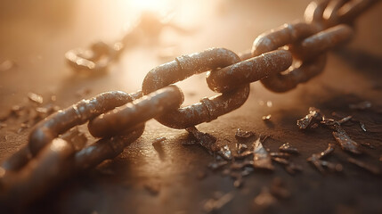 Close-up of a rusty, broken chain on a dark surface with metal shavings, lit by warm sunlight.