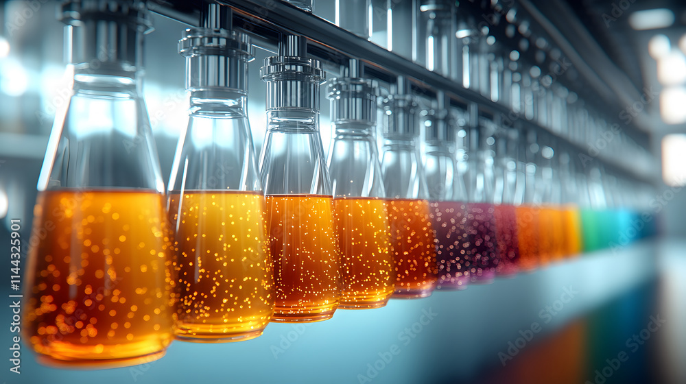 Poster a vibrant row of glass bottles filled with colorful liquids, showcasing a scientific or experimental