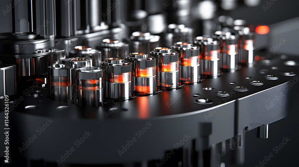 Poster a close-up of metallic components with glowing elements, highlighting intricate machinery in a moder