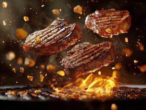 Sizzling grilled steak over open flames, infused with smoky flavor and juicy tenderness, capturing the essence of outdoor barbecue and rustic summertime dining.