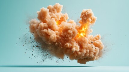 An explosive moment with fiery orange clouds dispersing dynamically against a light blue background, creating a captivating visual display of energy.