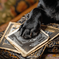 A dog paw resting on an old photograph 