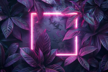 Vibrant pink neon square framed by rich, dark purple leaves.  A striking contrast of color and texture.