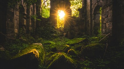 Fototapeta premium Sunlit ruins in enchanted forest