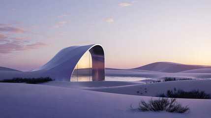 Arch-Shaped Mirror Reflecting Horizon, Minimalist Sand Dunes, Dark Blue and Purple Hues, Serene Solitude.