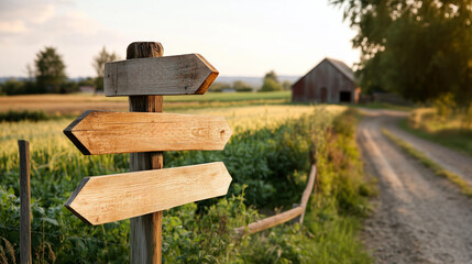 Rustic wooden signpost directs travelers on a rural road near a barn during golden hour
