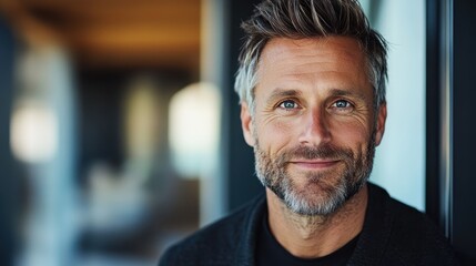 A middle-aged man with gray hair smiles warmly, exuding calm and wisdom, creating a comforting and familiar feeling in a modern setting.