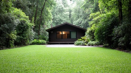 Secluded dark cabin nestled in lush green forest.