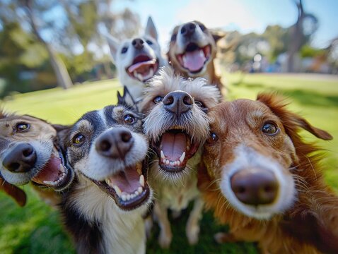 Group of happy dogs playing together in a sunny park, surrounded by green grass and blue sky. Cheerful, energetic, and full of companionship and joy.