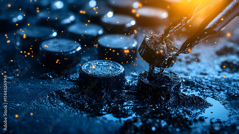 Poster a close-up view of a metallic surface with droplets and sparks, showcasing an industrial or technolo