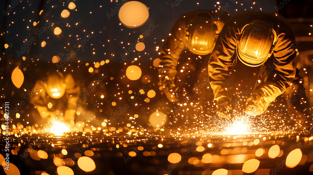 Poster the image depicts welders working at night, creating sparks and bright lights, showcasing the art an