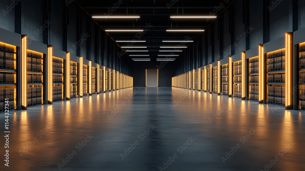 Poster a modern, illuminated corridor lined with shelves, leading to a door, creating a sense of depth and 