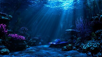 Obraz premium Sunbeams illuminate underwater coral reef scene.