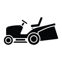 Lawn tractor vector icon. Lawnmower symbol for yard work, landscaping, and garden maintenance. Tractor grass cutter pictogram. Black silhouette isolated on white background.