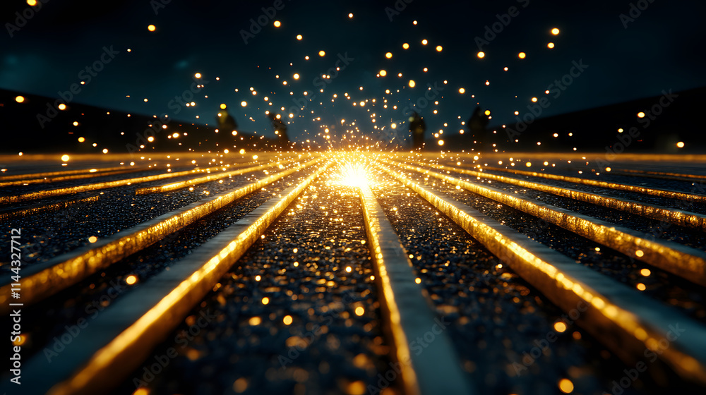 Poster A close-up view of glowing metal sparks flying from a surface, creating a dynamic and visually striking effect against a dark backdrop