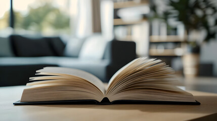 Fototapeta premium Open hardcover book with pages fanned out on a wooden table in a cozy living room setting with blurred modern furniture in the background.