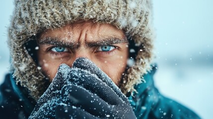 A man with striking blue eyes, bundled up in winter gear with snow covering his face, stares intensely at the camera, embodying determination and focus amidst cold.
