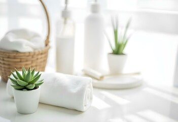 A white towel , a potted plant and a glass bottle on a white surface.