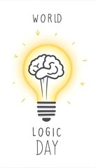 World Logic Day Illustration, Brain Inside Light Bulb, Minimalist Design