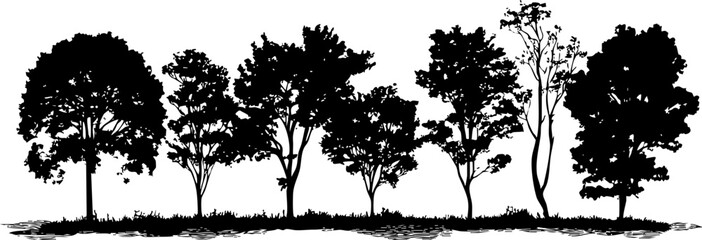 A collection of silhouetted trees creating a scenic landscape, ideal for nature-themed designs or eco-friendly projects.