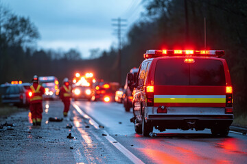 Firefighters and paramedics working at the scene of a night road accident with debris scattered on the asphalt