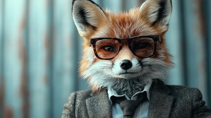 A digitally-rendered anthropomorphic fox in a suit and tie, wearing glasses, exemplifies sophistication, creativity, and whimsy in a unique artistic portrayal.