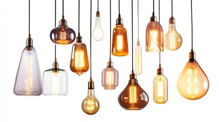 Obraz premium Decorative chandelier bulbs and pendant lamp lights in warm and cool tones, blending vintage and modern designs, isolated on white