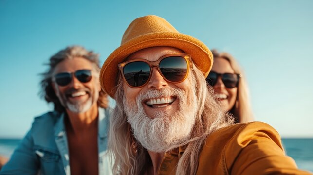 A senior man with a distinguished white beard and sunglasses poses confidently with friends at the seaside, showcasing vitality and a zest for life in vibrant colors.