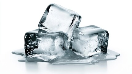 A trio of slightly melted ice cubes on a white surface, capturing a pristine moment of transition from solid to liquid, beautifully highlighting transparency and simplicity.