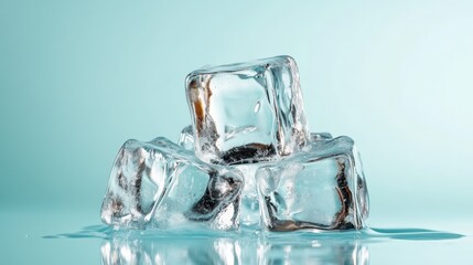 A radiant stack of ice cubes against a blue background, capturing light beautifully to emphasize clarity and freshness, reminiscent of modern artistic photography.