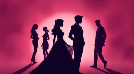 Silhouettes of Love and Loss: A poignant tableau of four figures, bathed in a warm pink glow, reveals a tender moment of connection and separation. The silhouettes of a couple, one in a flowing gown.