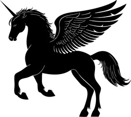 Fototapeta premium A majestic winged unicorn depicted in a sleek black silhouette, embodying fantasy and magic in an artistic illustration.