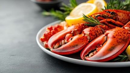 Close-up of lobster claws creatively arranged on a platter, accompanied by lemon slices, capturing the artistry and vibrancy of culinary seafood presentations.