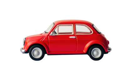 Fototapeta premium A Bright Red Mini Toy Car on a White Background Perfect for Playful Designs and Children's Product Advertisements.