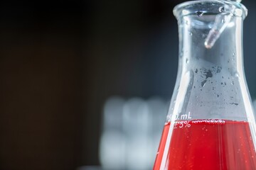 Close-up of a graduated conical flask, three-quarters full with a red liquid.
