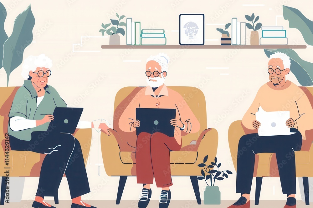 Poster elderly individuals engaged in online learning using laptops and tablets in a cozy indoor setting. g