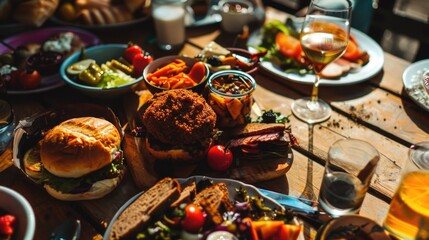 Vibrant outdoor picnic with a variety of foods including fresh salads, juicy burgers, and refreshing drinks.