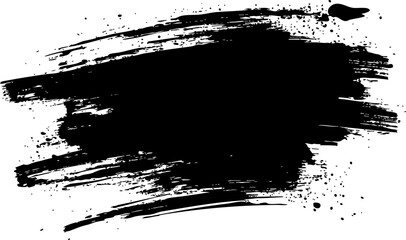 A dynamic black brush stroke illustration ideal for backgrounds, banners, or artistic designs, featuring a textured splatter effect.