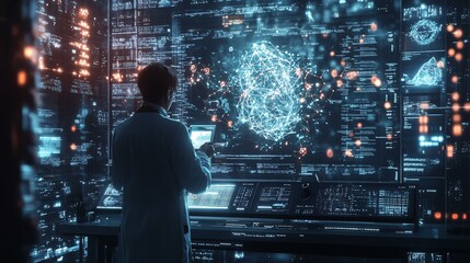 A futuristic laboratory setting with a scientist analyzing a holographic projection of molecular food structures, surrounded by advanced equipment and glowing digital interfaces. The scene emphasizes