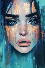 Elegant Portrait of a Woman with Dramatic Makeup and Colorful Abstract Background - Artistic Expression in Modern Art Style