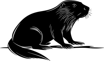 A black and white silhouette of a beaver, showcasing its characteristic features in a natural pose.