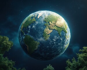 Fototapeta premium Explore an artistic rendering of Earth, a vibrant planet powered by renewable energy sources, showcasing a sustainable impact and emphasizing green solutions This digital artwork captures the beauty